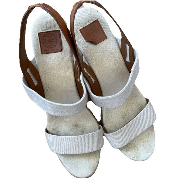 Tory Burch Sandals 9.5 Espadrille Slingback Cream Brown Canvas Casual Wedges - Picture 3 of 11